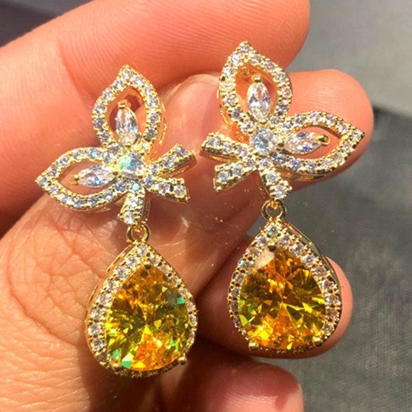 Jewelry - NEW Gold Diamond Butterfly Teardrop Citrine Halo Earrings